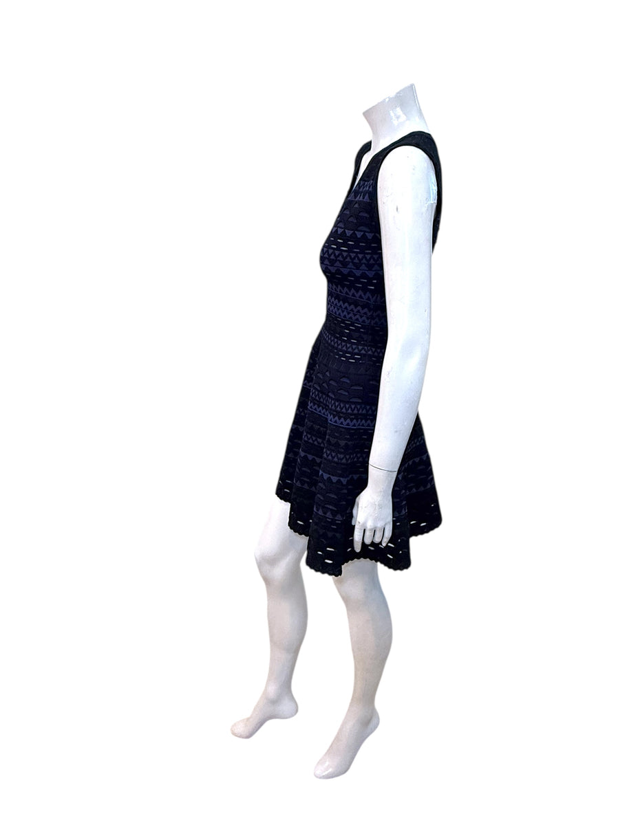 Alaïa Geometric Knit Fit-and-Flare Dress Black Indigo FR 38 Made in Italy