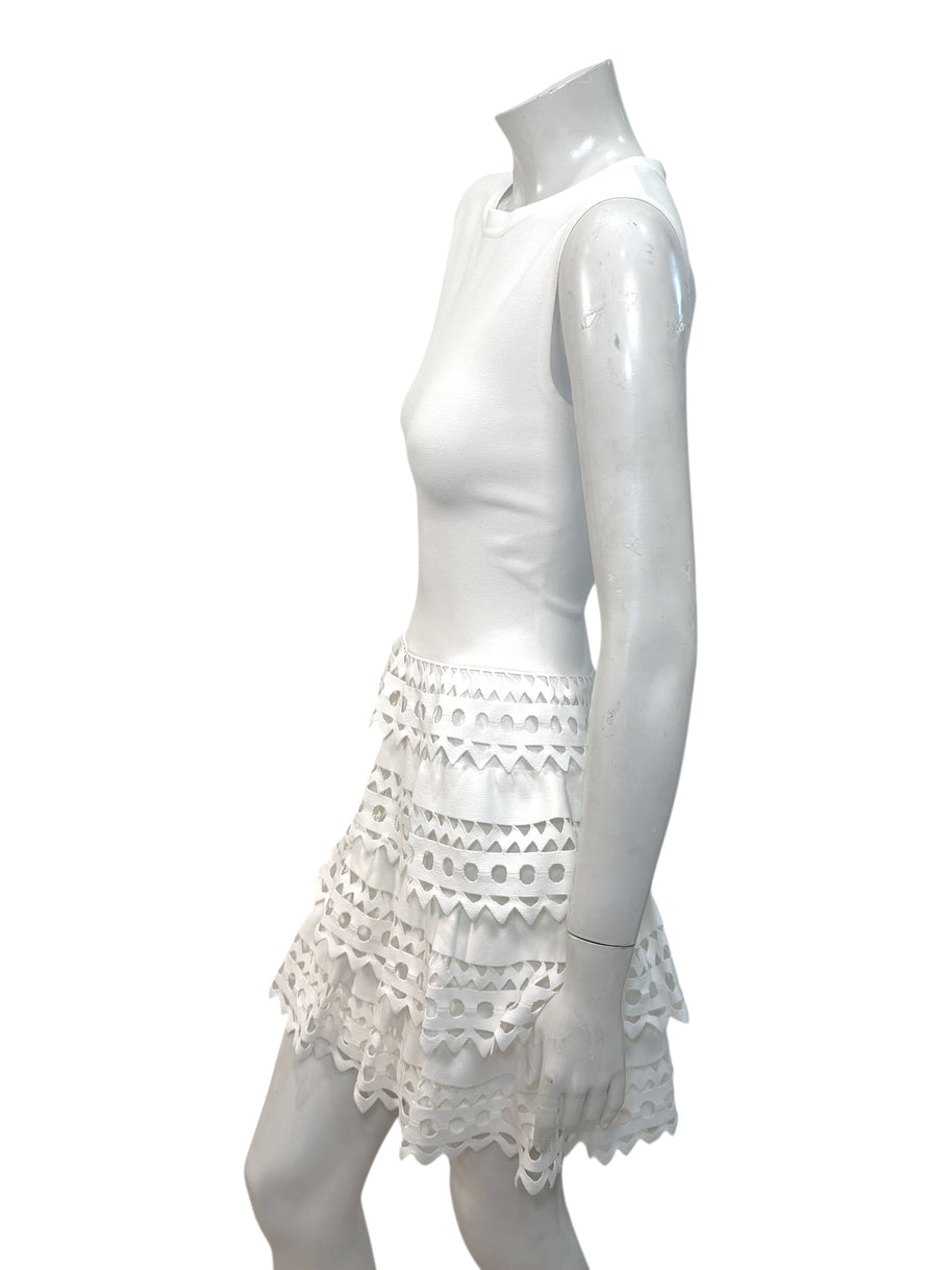 Alaïa Paris White Laser-Cut Ruffle Mini Dress FR 38 | Made in Italy