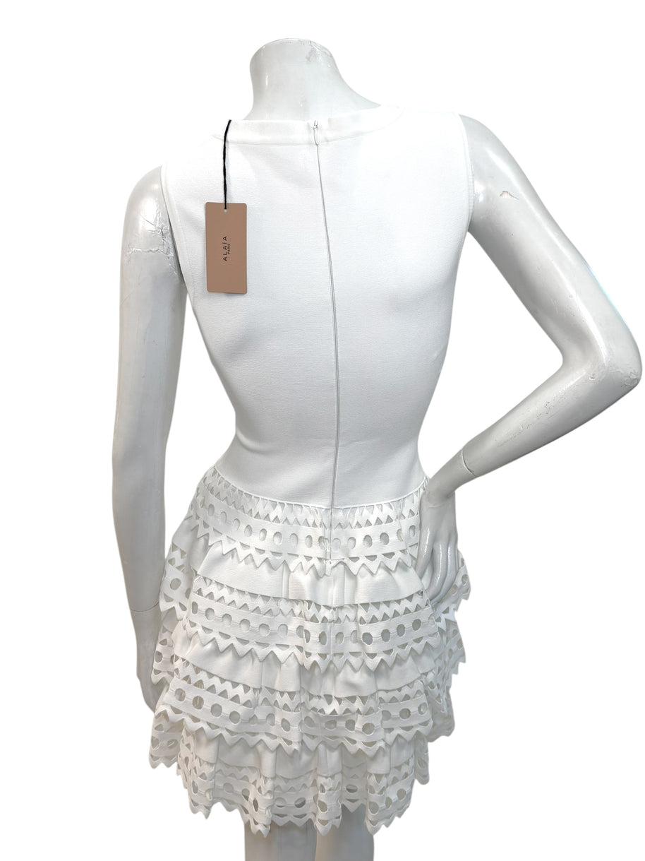 Alaïa Paris White Laser-Cut Ruffle Mini Dress FR 38 | Made in Italy