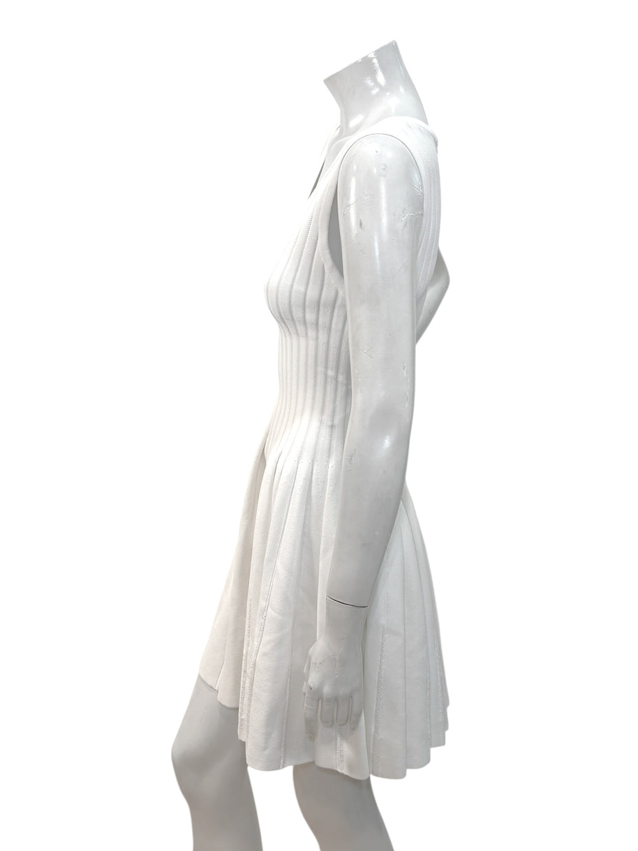 Alaïa White Ribbed Knit Fit & Flare Skater Dress SS19 Size 38