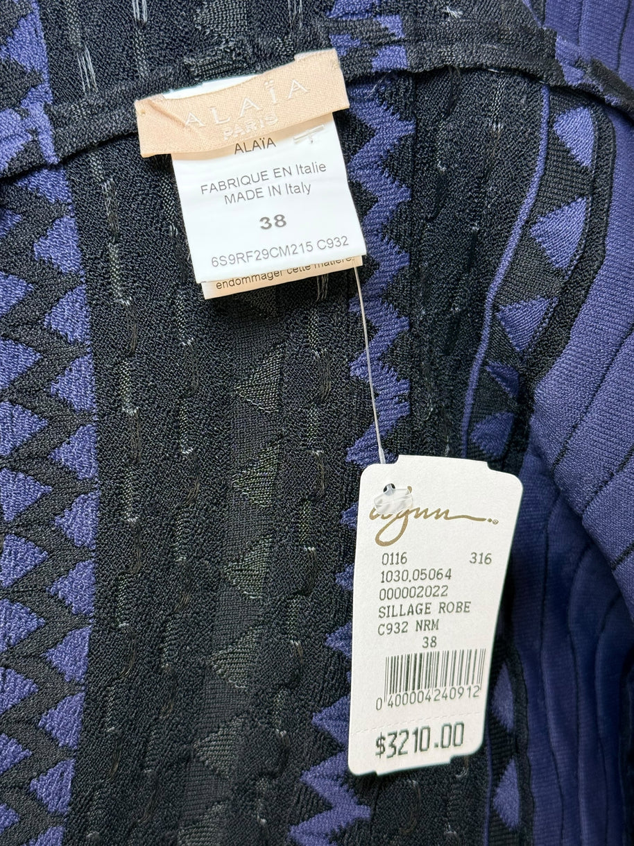 Alaïa Geometric Knit Fit-and-Flare Dress Black Indigo FR 38 Made in Italy