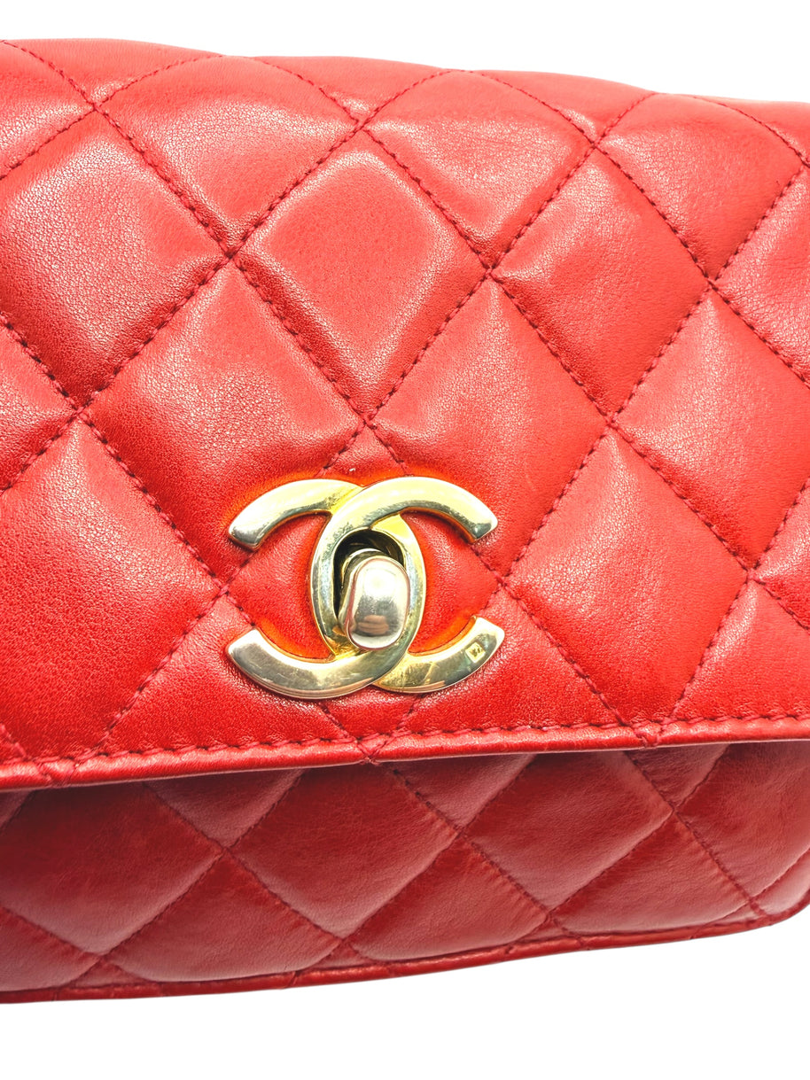 Chanel Vintage Red Quilted Lambskin Belt Bag Karl Lagerfeld Era Gold CC