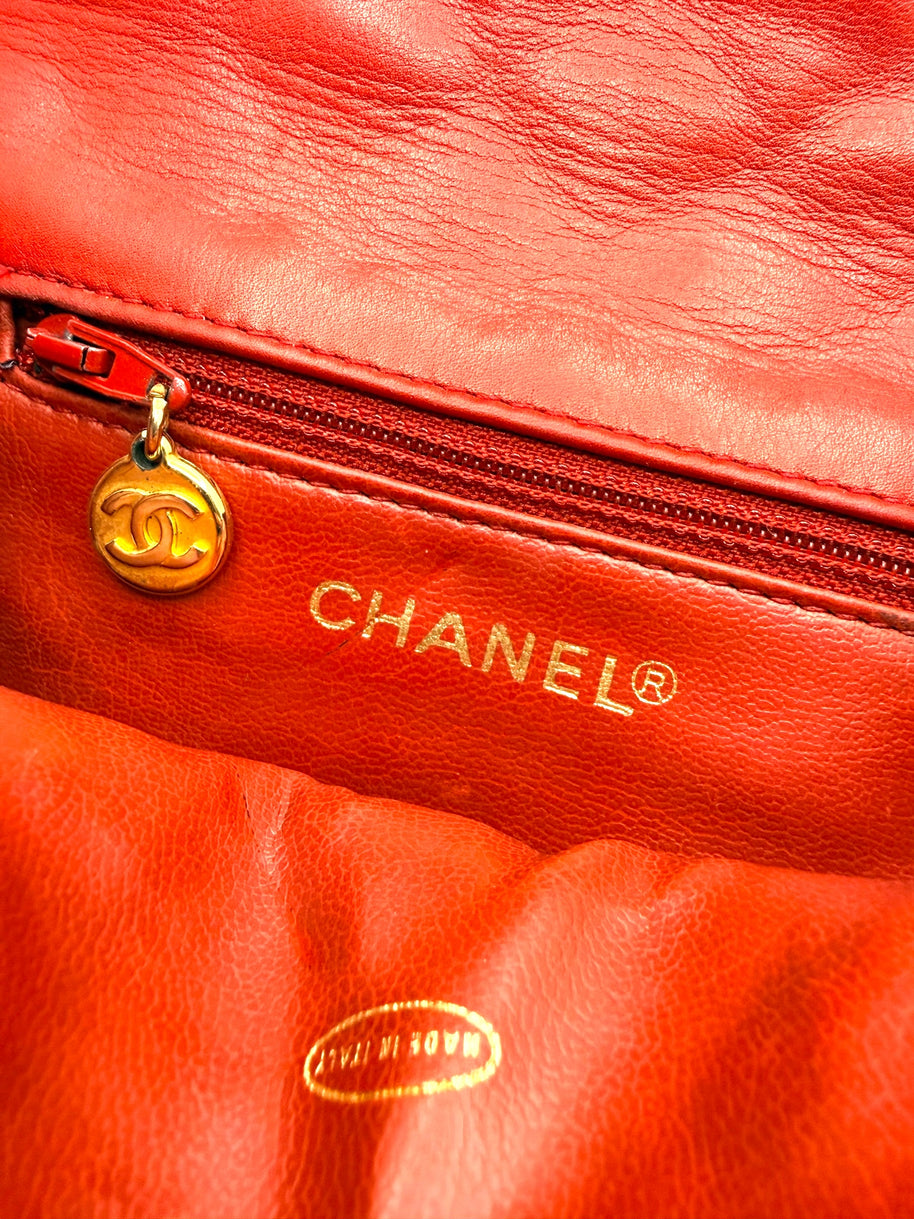 Chanel Vintage Red Quilted Lambskin Belt Bag Karl Lagerfeld Era Gold CC