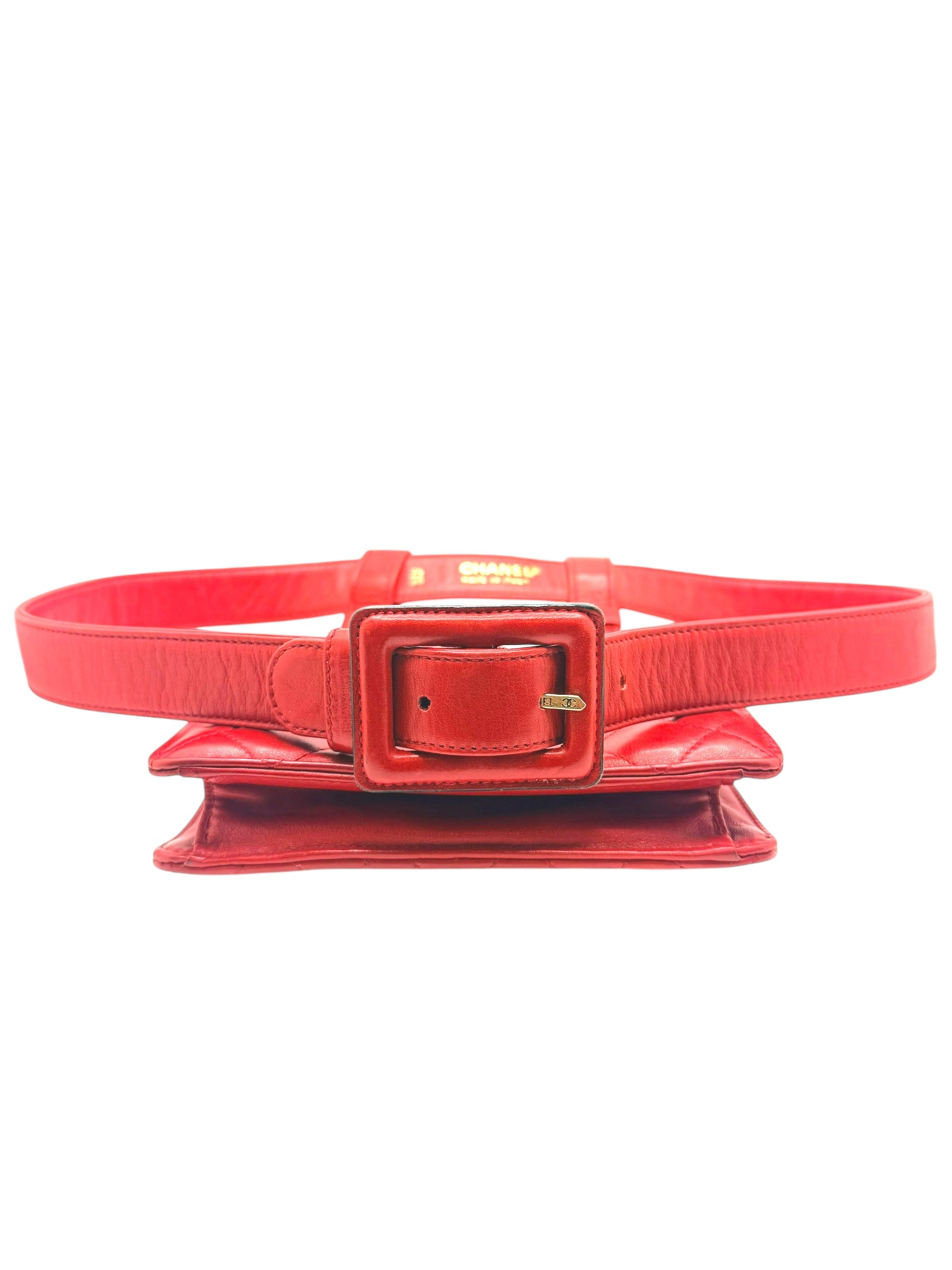 Chanel Vintage Red Quilted Lambskin Belt Bag Karl Lagerfeld Era Gold CC