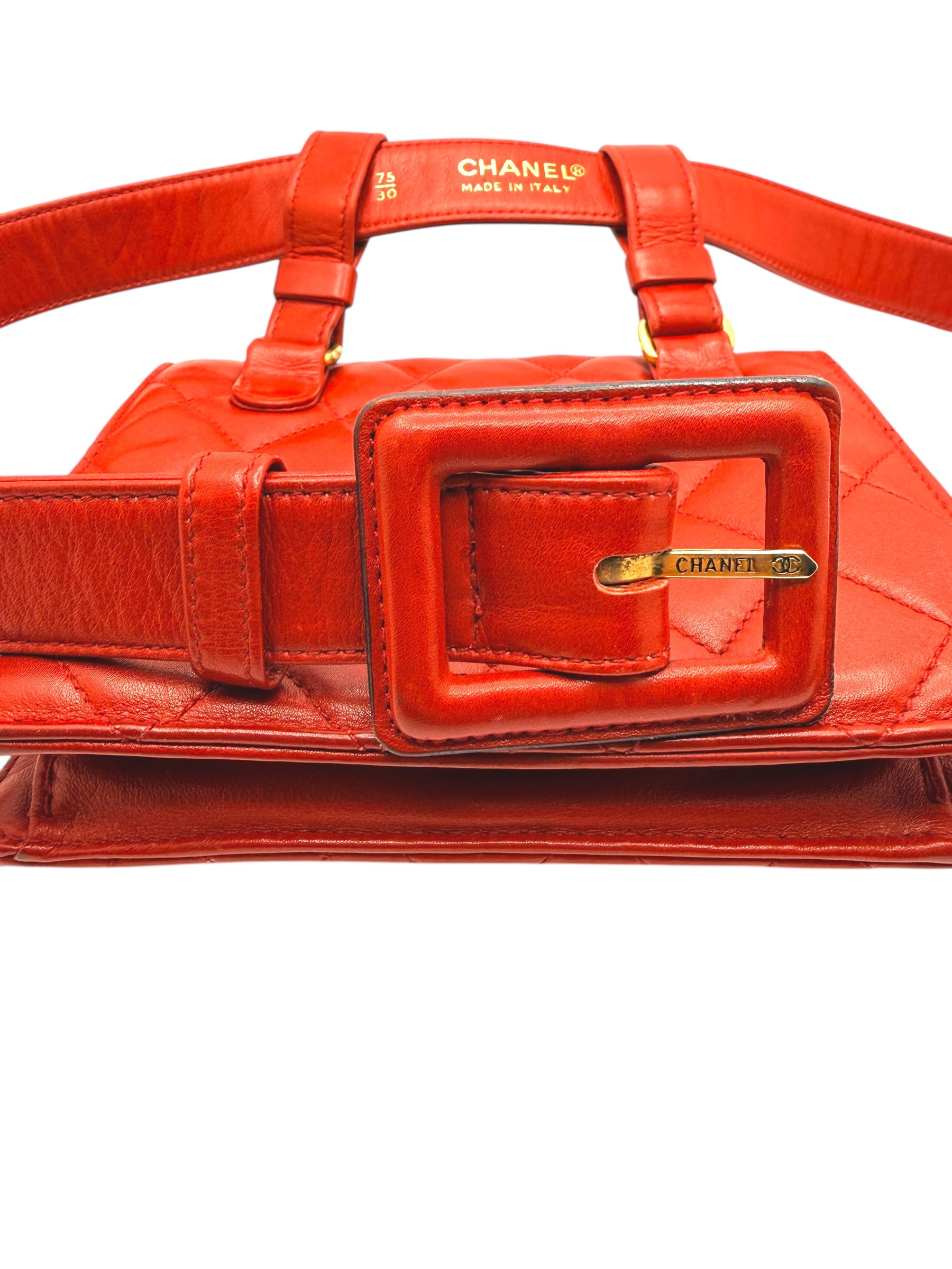 Chanel Vintage Red Quilted Lambskin Belt Bag Karl Lagerfeld Era Gold CC