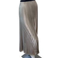 Side view of Prada metallic pleated midi skirt featuring flowing champagne silver plissé construction and high-waisted silhouette.