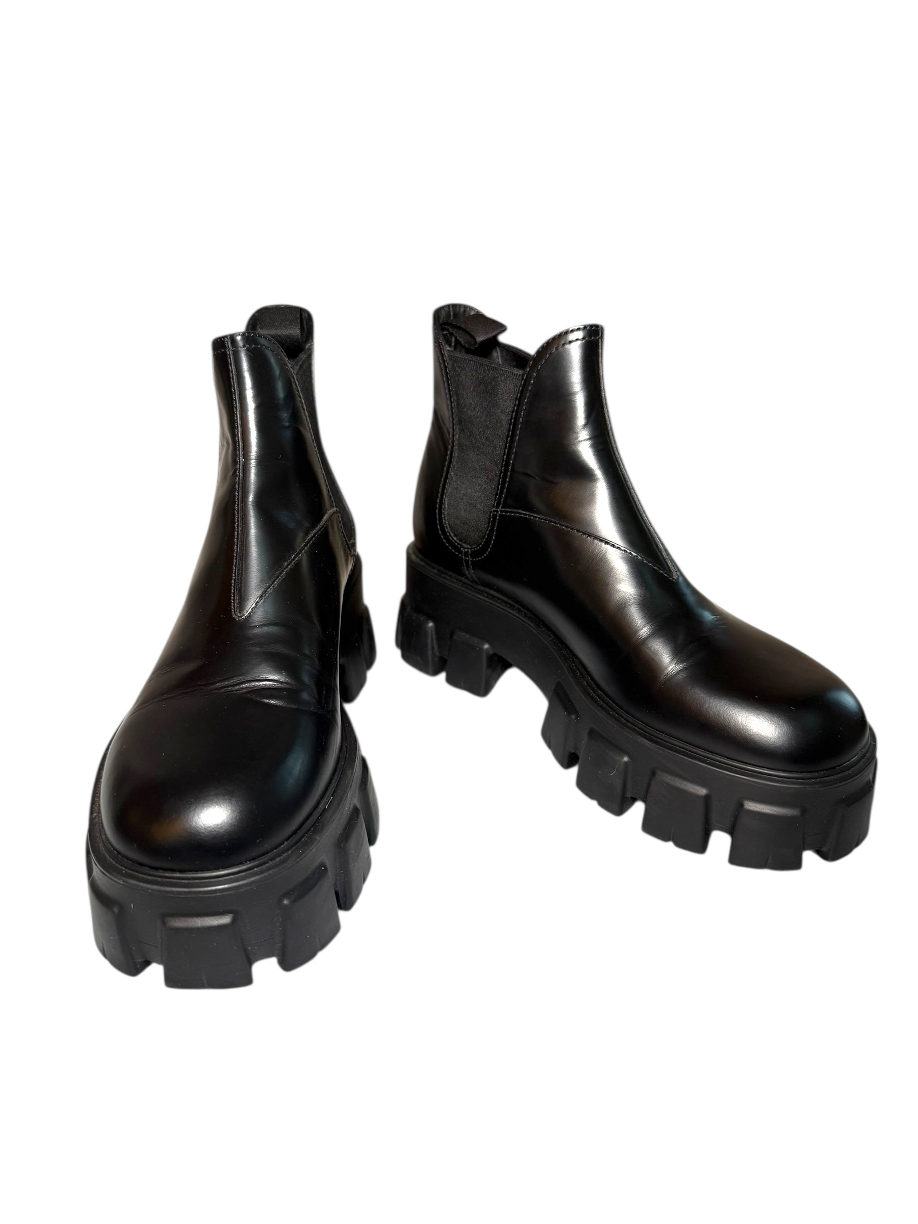 Pair of Prada Monolith black platform boots on a white background Main Photo