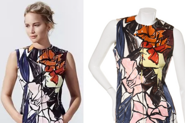 Jennifer Lawrence wearing a colorful abstract patterned Christian Dior Dress by Raf Simons next to a mannequin wearing the same dress.
