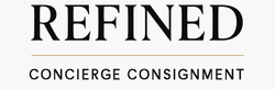 Logo for Refined Concierge Consignment with 'REFINED' in large letters and 'CONCIERGE CONSIGNMENT' in smaller text on a white background. Luxury Resale Consignment Vintage Contemporary Clothing Handbags Shoes and Accessories.