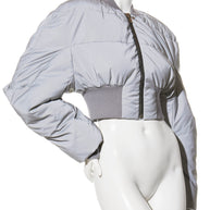 Rick Owens Metallic gray puffer bomber jacket from the FW22 Strobe Collection on a white mannequin against a white background right angle view.