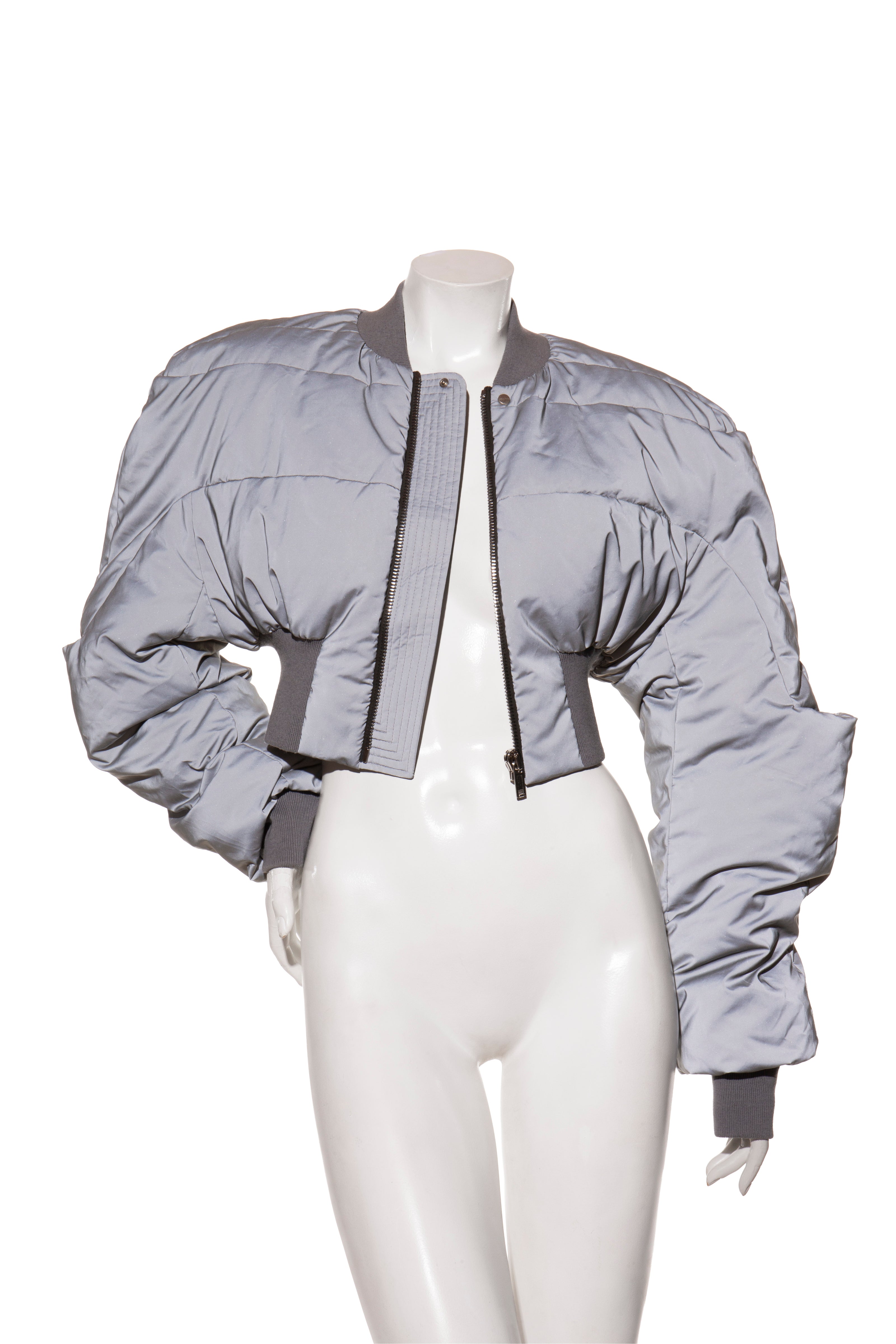 Rick Owens Strobe Collection Gray bomber jacket unzipped on a mannequin against a white background front view