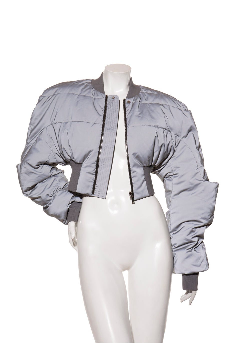 Rick Owens Strobe Collection Gray bomber jacket unzipped on a mannequin against a white background front view