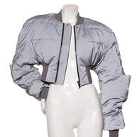 Rick Owens Strobe Collection Gray bomber jacket unzipped on a mannequin against a white background front view