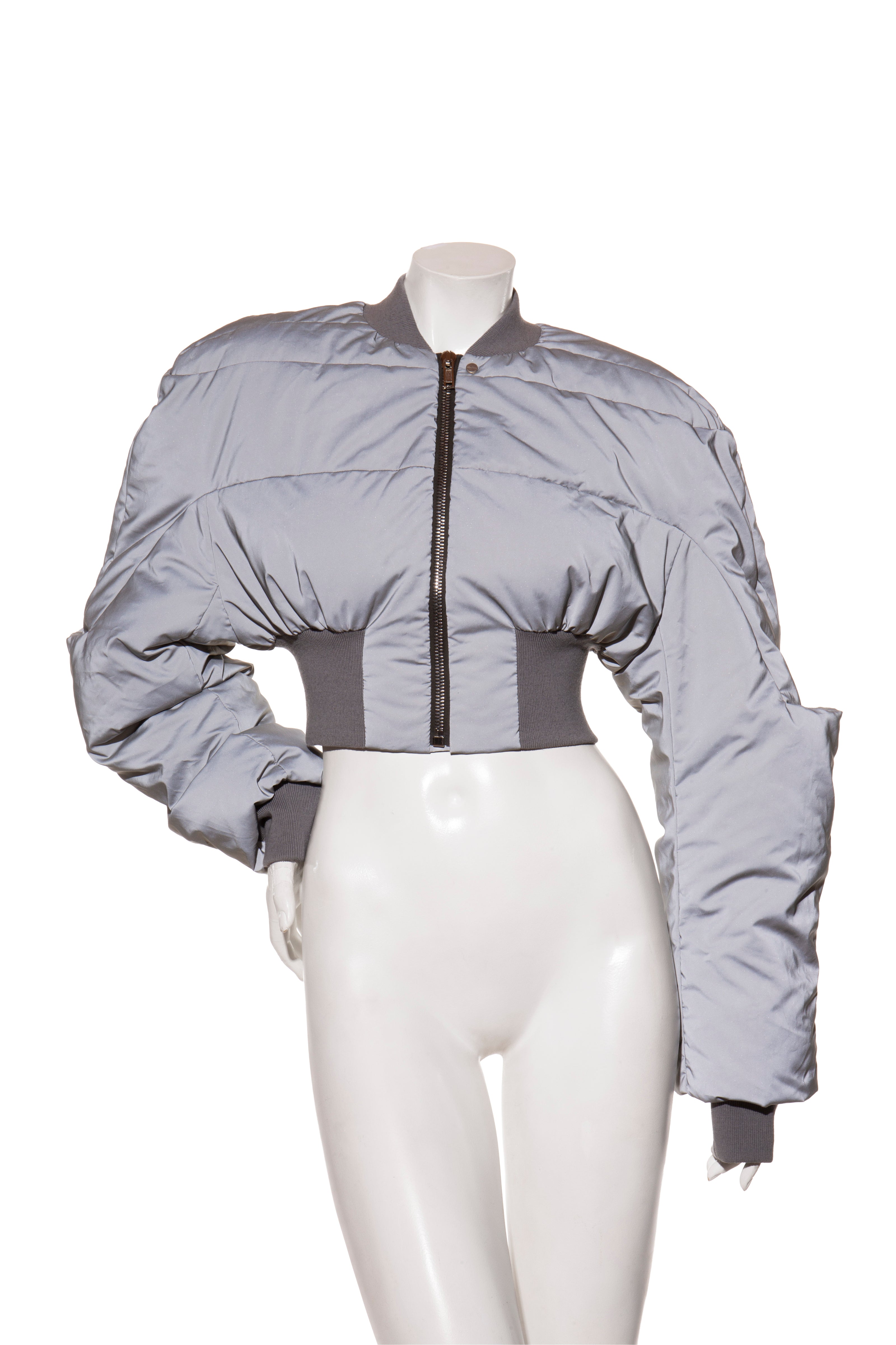 Rick Owens Gray puffer bomber jacket on a mannequin against a white background front view