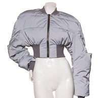 Rick Owens Gray puffer bomber jacket on a mannequin against a white background front view