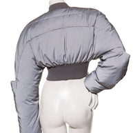 Rick Owens Cropped Gray puffer bomber jacket on a mannequin against a white background back view FW 22 Strobe Collection