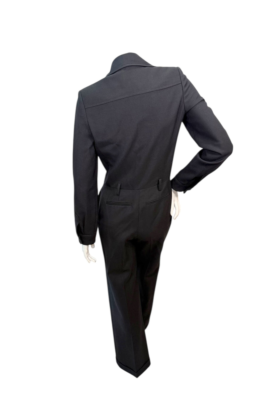 Back view of Saint Laurent Paris tailored black wool jumpsuit with clean seams and refined minimalist finish.