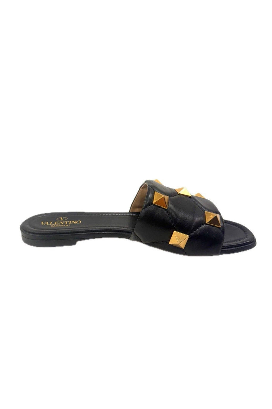 Back view of Valentino Garavani Roman Stud Slides showing footbed and logo detail.