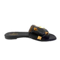 Back view of Valentino Garavani Roman Stud Slides showing footbed and logo detail.