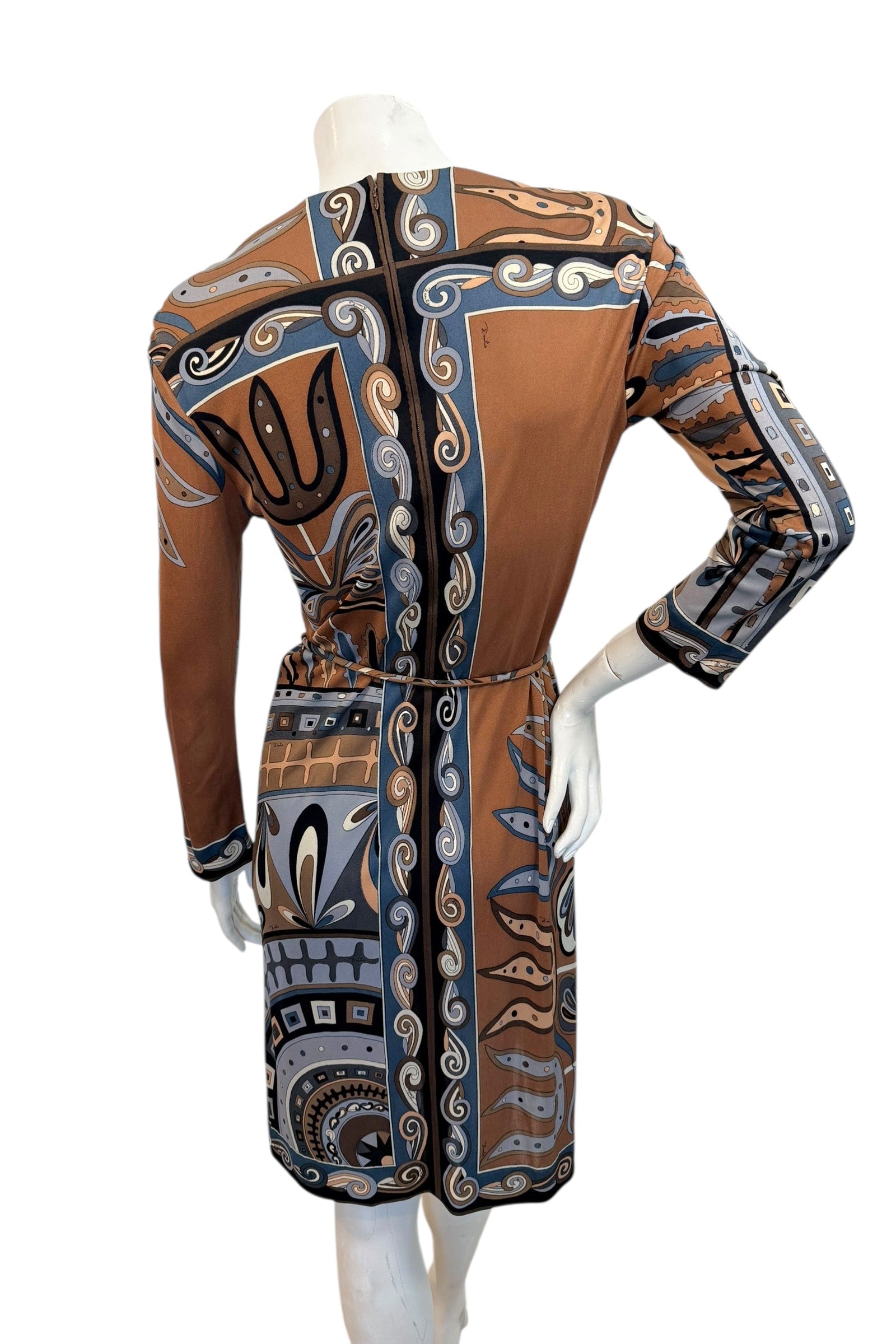 Back view of vintage Emilio Pucci dress with bold geometric print panels and fitted sheath silhouette, made in Italy