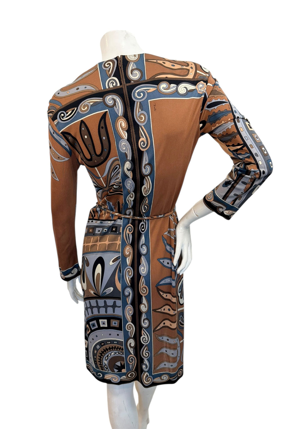Back view of vintage Emilio Pucci dress with bold geometric print panels and fitted sheath silhouette, made in Italy