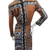 Back view of vintage Emilio Pucci dress with bold geometric print panels and fitted sheath silhouette, made in Italy