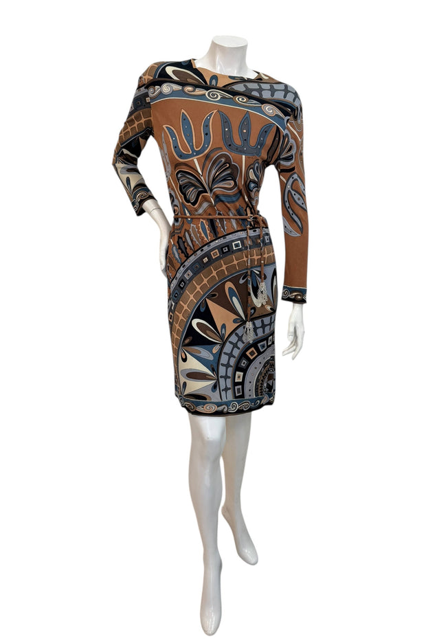 Authentic vintage Emilio Pucci dress with long sleeves, abstract psychedelic print, fitted silhouette and Italian craftsmanship from the 1960s‚Äì1970s