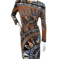 Vintage Emilio Pucci long sleeve dress featuring iconic psychedelic geometric print in brown and blue tones with fitted sheath silhouette, Italy 1960s 1970s