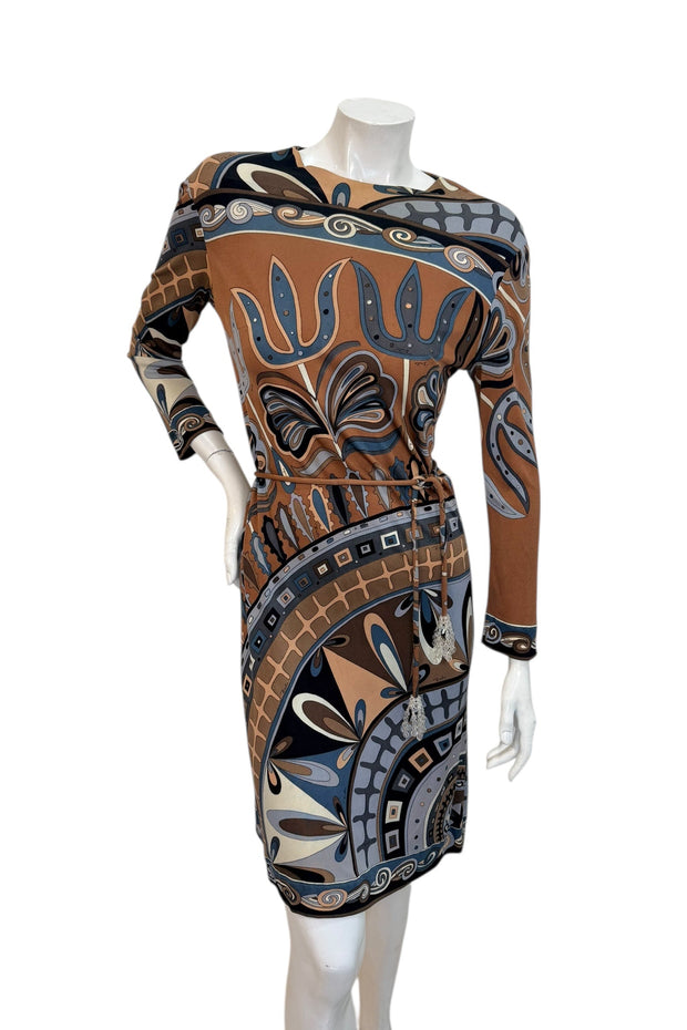 Vintage Emilio Pucci long sleeve dress featuring iconic psychedelic geometric print in brown and blue tones with fitted sheath silhouette, Italy 1960s 1970s