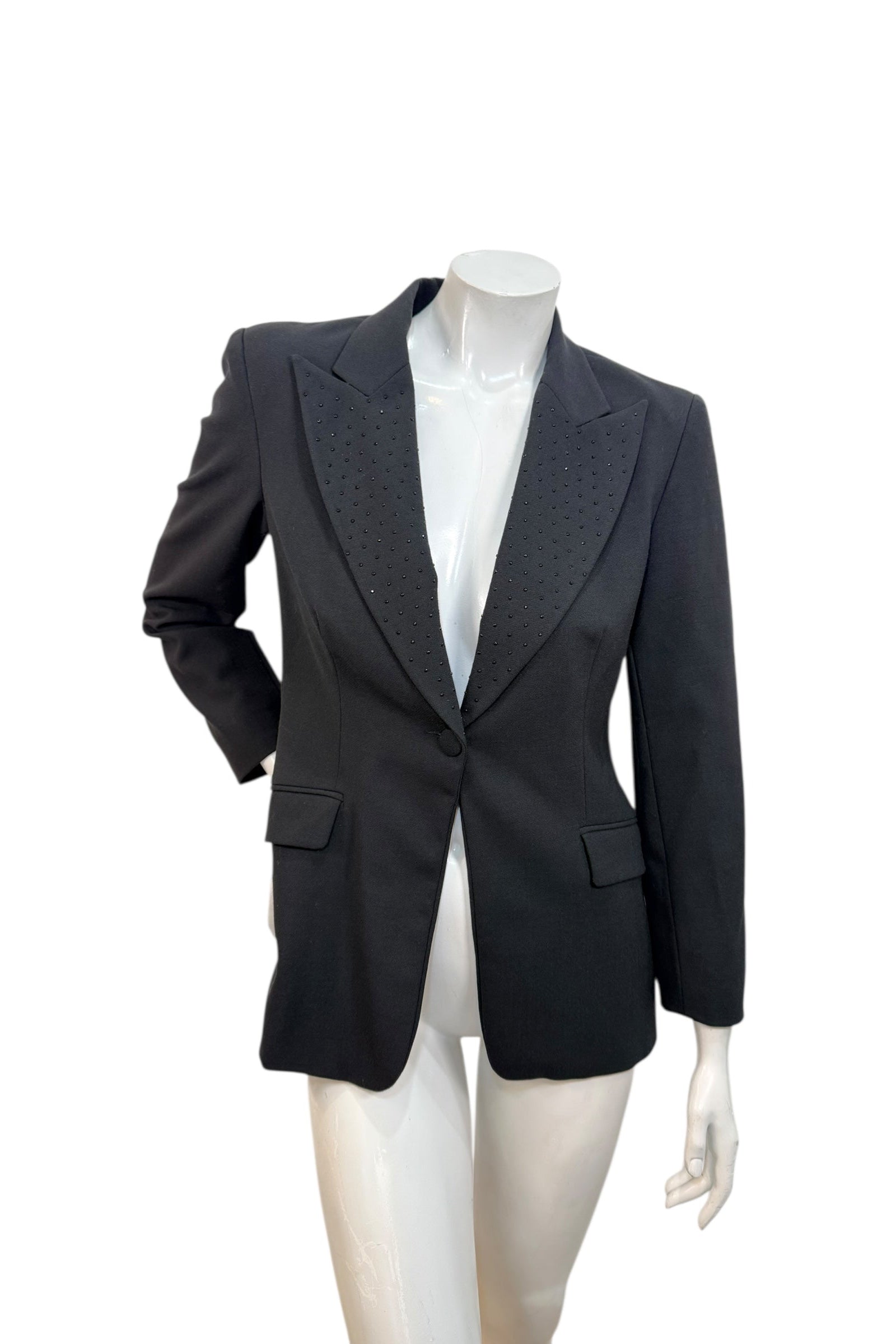 Front view of vintage Moschino Jeans black tailored blazer with studded peaked lapels, single-button closure, made in Italy