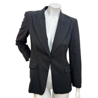 Front view of vintage Moschino Jeans black tailored blazer with studded peaked lapels, single-button closure, made in Italy