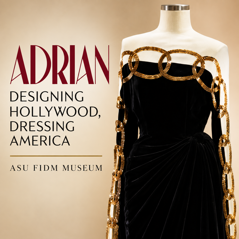 ADRIAN Designing Hollywood, Dressing America exhibition at ASU FIDM Museum featuring black gown with gold embellishment