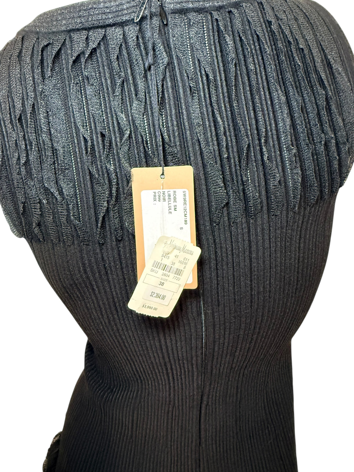 Alaïa black ribbed knit dress original tag reverse detail