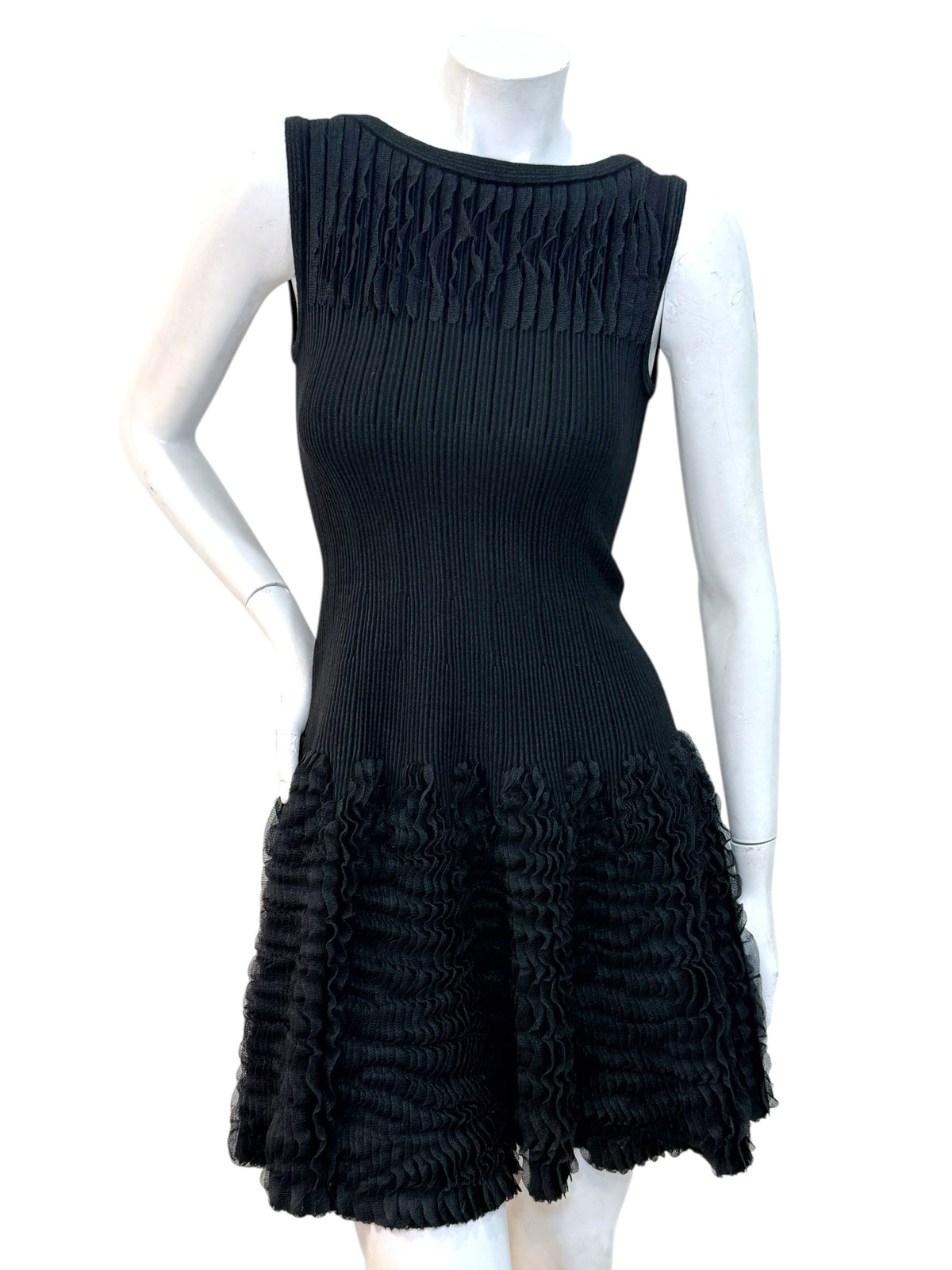 Alaïa black ribbed knit ruffle dress FR38 full front view
