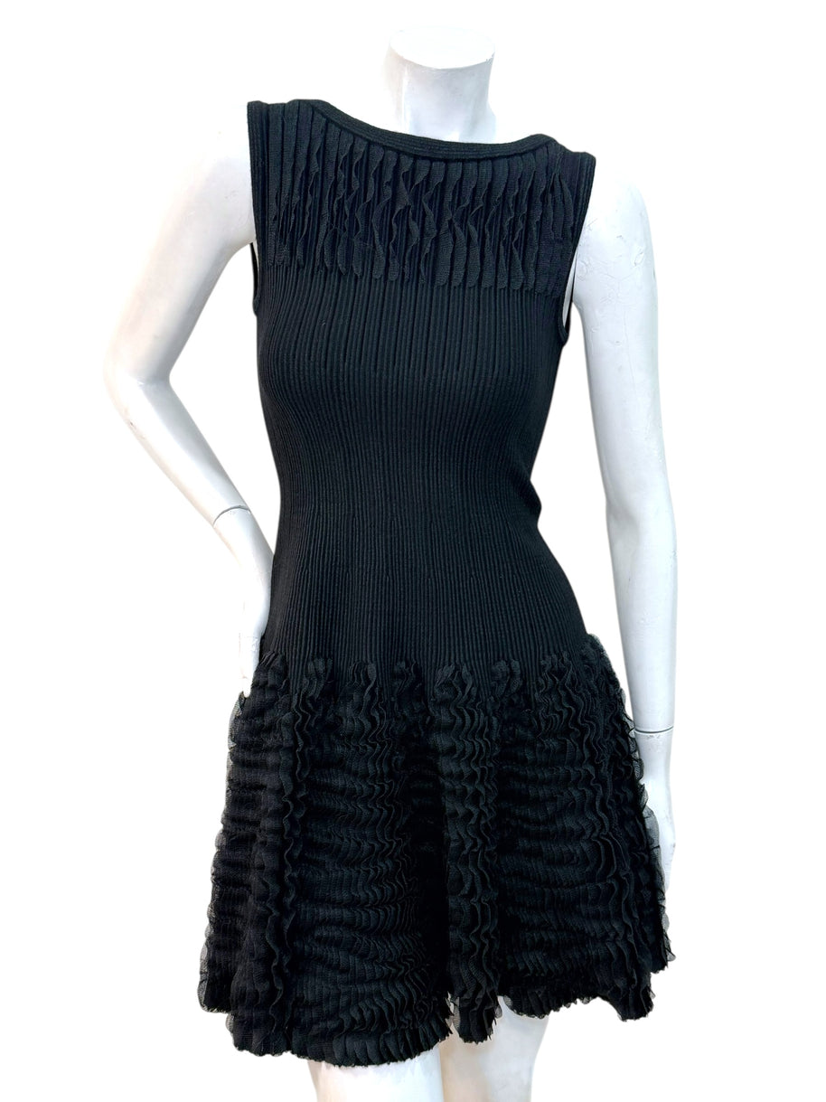 Alaïa black ribbed knit ruffle dress FR38 full front view