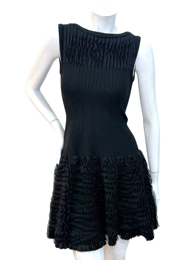 Alaïa black ribbed knit ruffle dress FR38 full front view