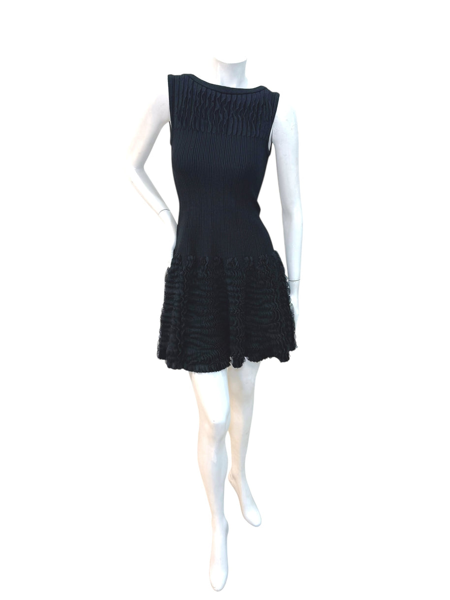 Alaïa black ribbed knit sculptural ruffle dress FR38 front view