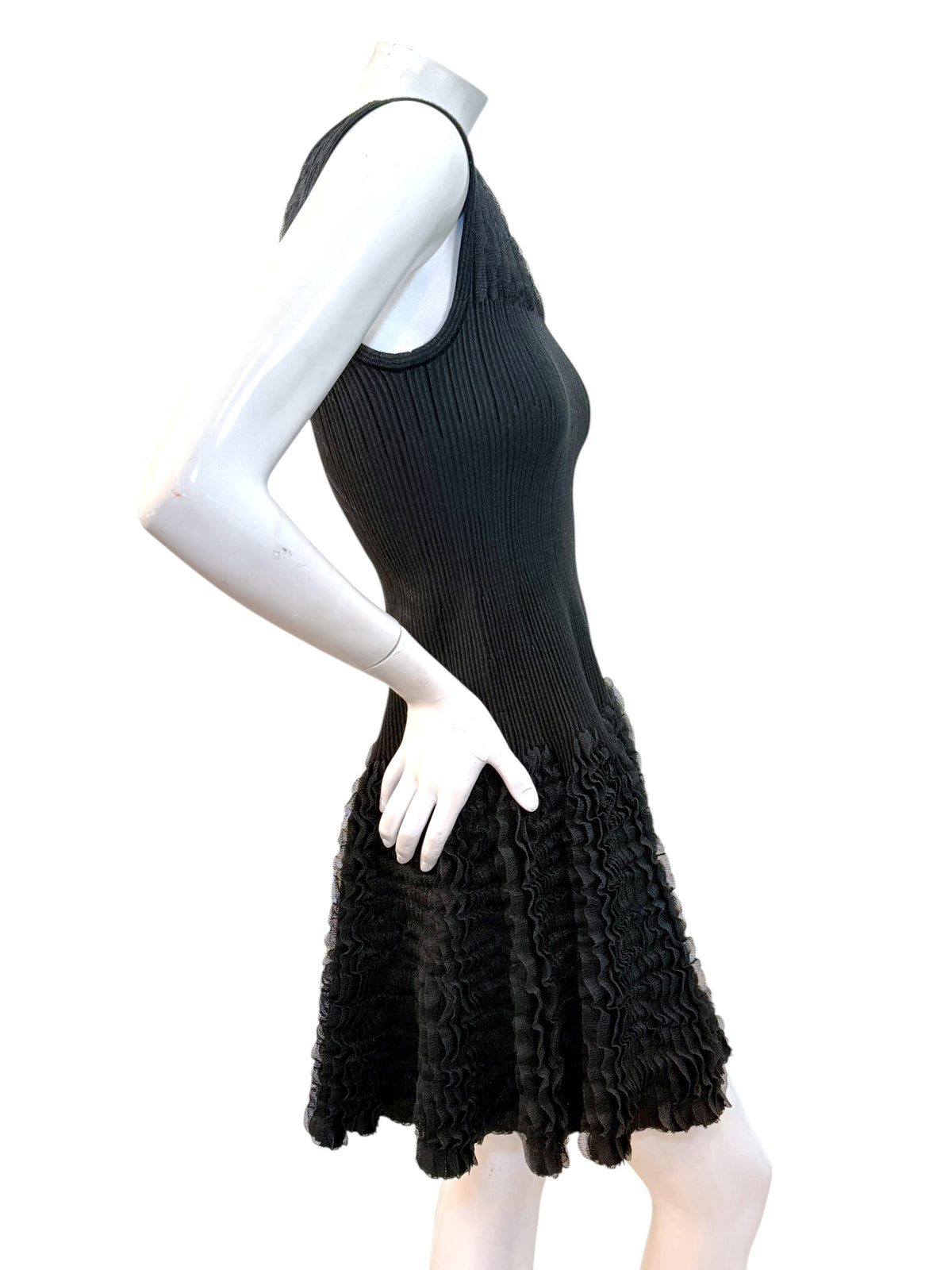 Alaïa black ribbed knit sculptural ruffle dress FR38 close-up side profile view