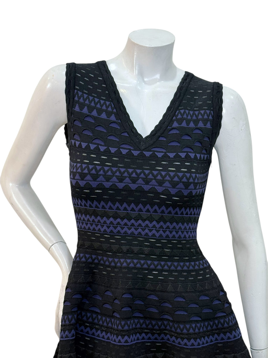 Alaïa black and indigo geometric knit dress bodice and knit pattern detail