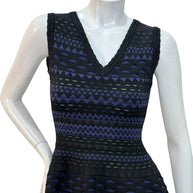 Alaïa black and indigo geometric knit dress bodice and knit pattern detail