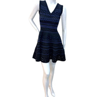 Alaïa black and indigo geometric knit fit-and-flare dress FR38 front view