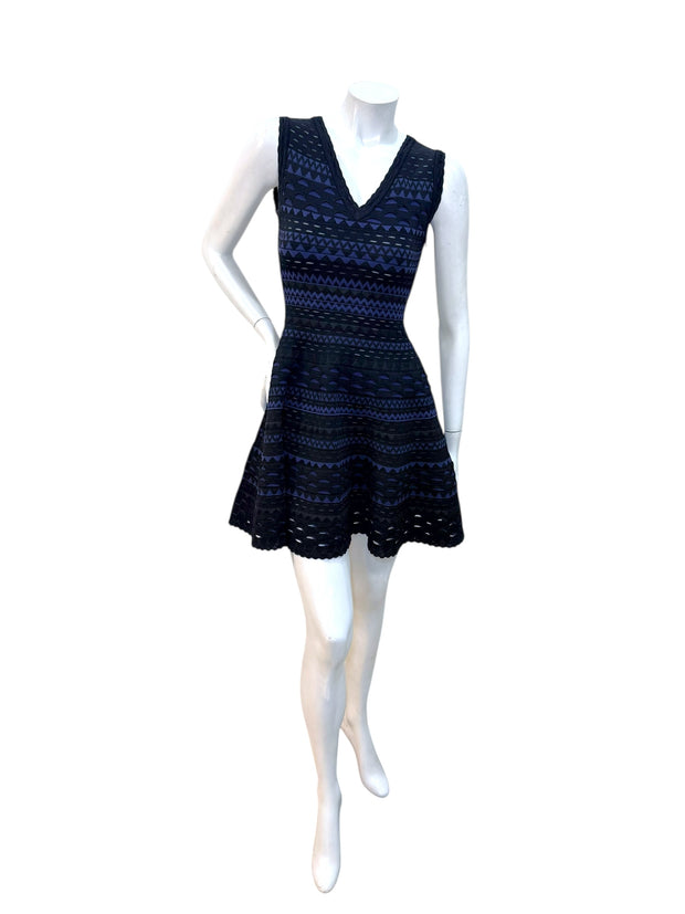 Alaïa black and indigo geometric knit fit-and-flare dress FR38 front view