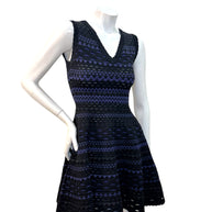 Alaïa black and indigo geometric knit fit-and-flare dress FR38 close-up angle view