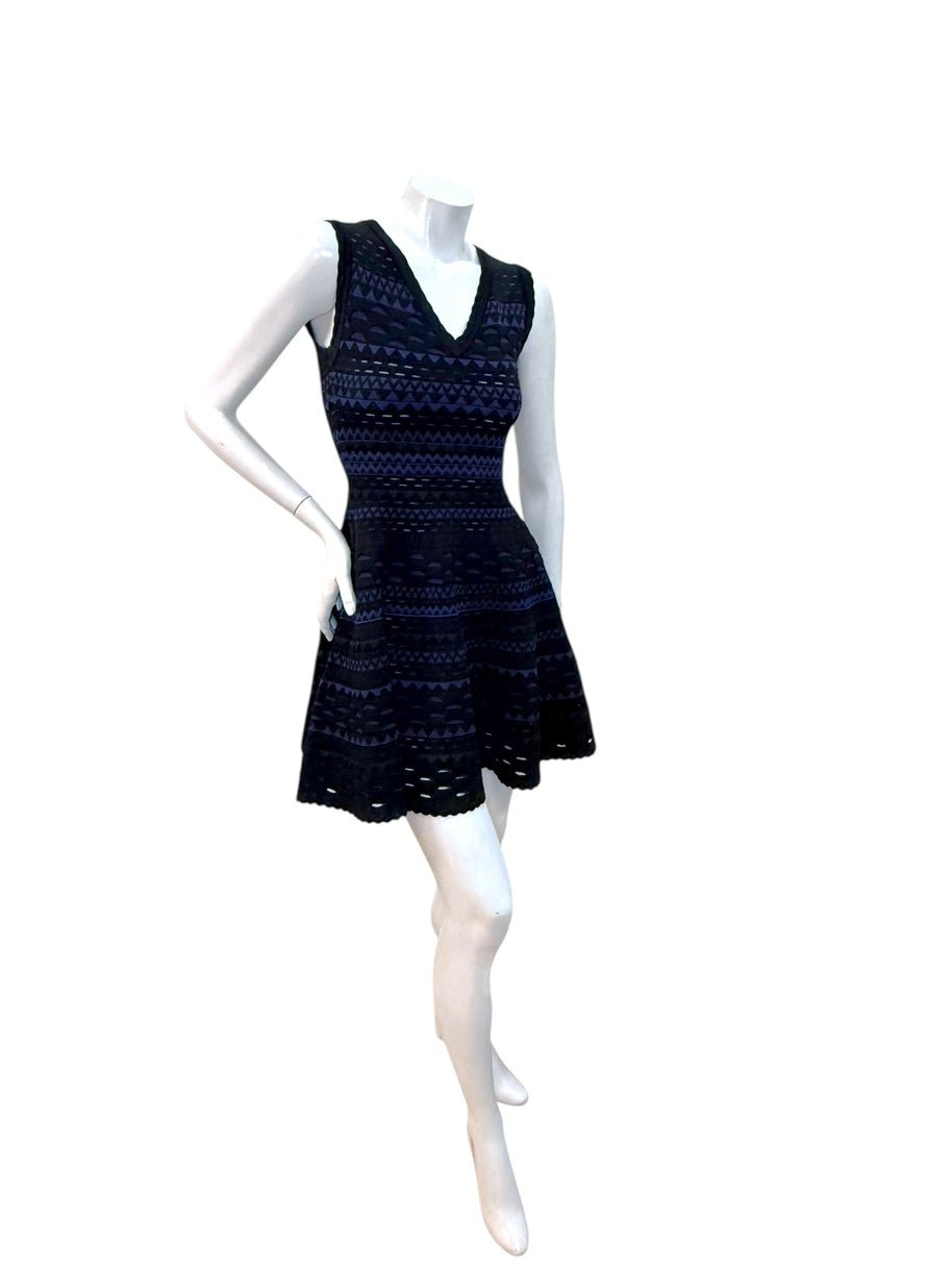 Alaïa black and indigo geometric knit dress FR38 front angle view