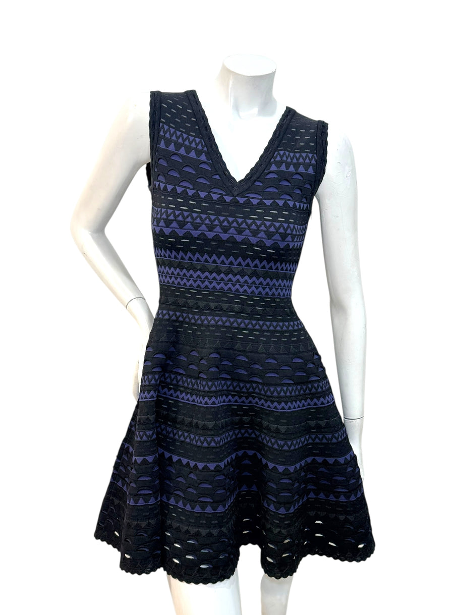 Alaïa black and indigo geometric knit fit-and-flare dress FR38 full front view