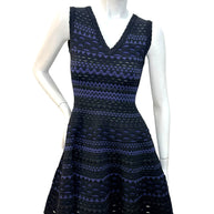 Alaïa black and indigo geometric knit fit-and-flare dress FR38 full front view