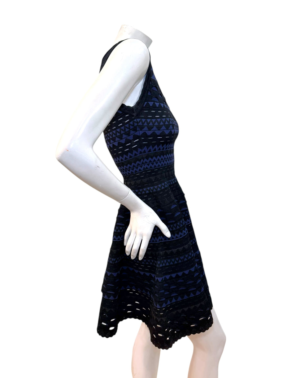 Alaïa black and indigo geometric knit dress FR38 side close up view