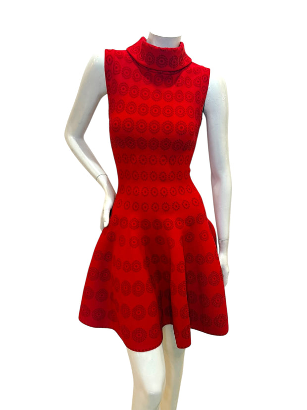 Alaïa SS2017 red jacquard knit fit and flare dress full front view