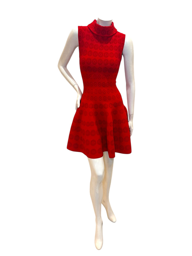 Alaïa Spring Summer 2017 red jacquard knit fit and flare dress IT 38 front view