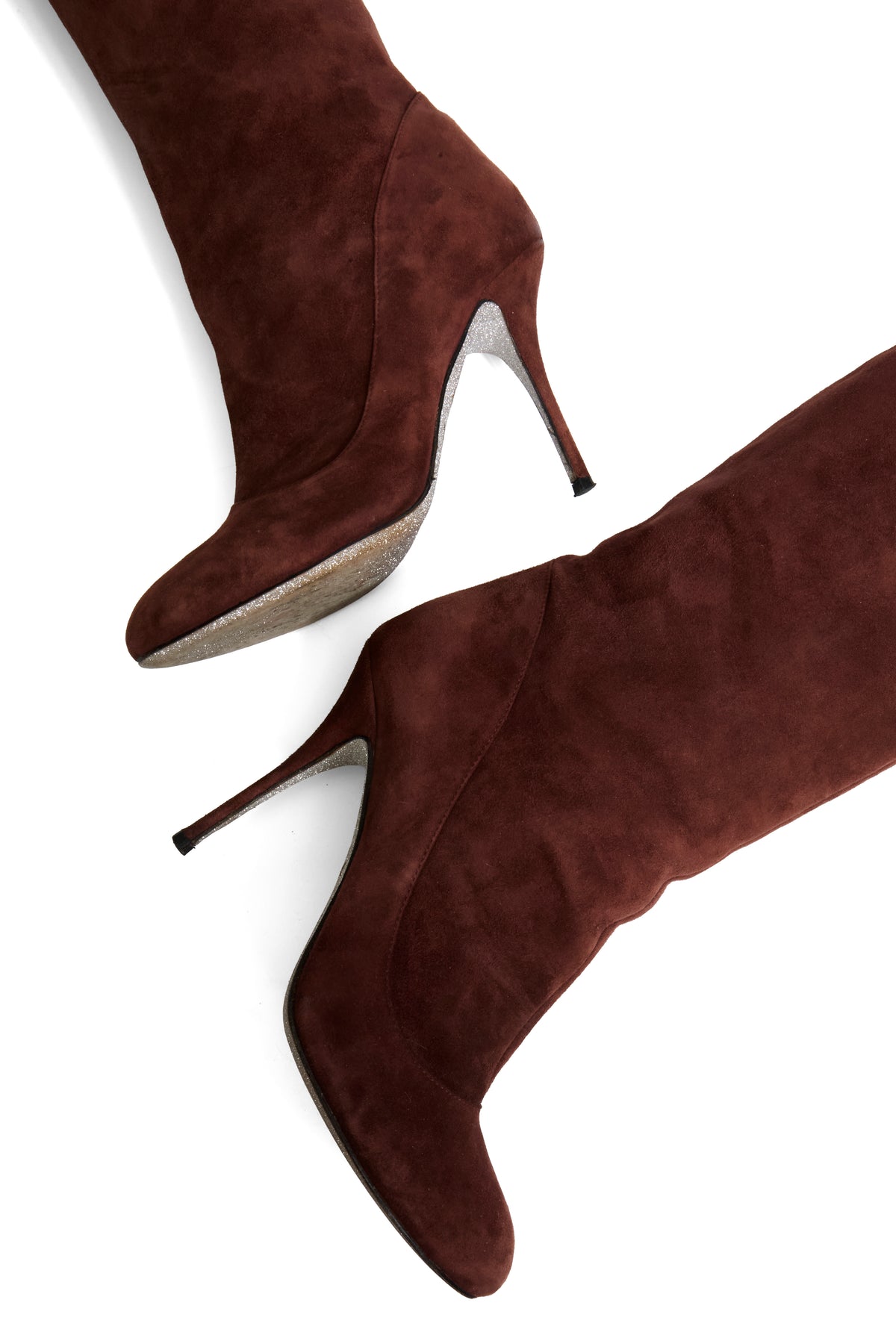 Alberto Moretti FW18 chestnut suede knee-high stiletto boots suede and heel detail